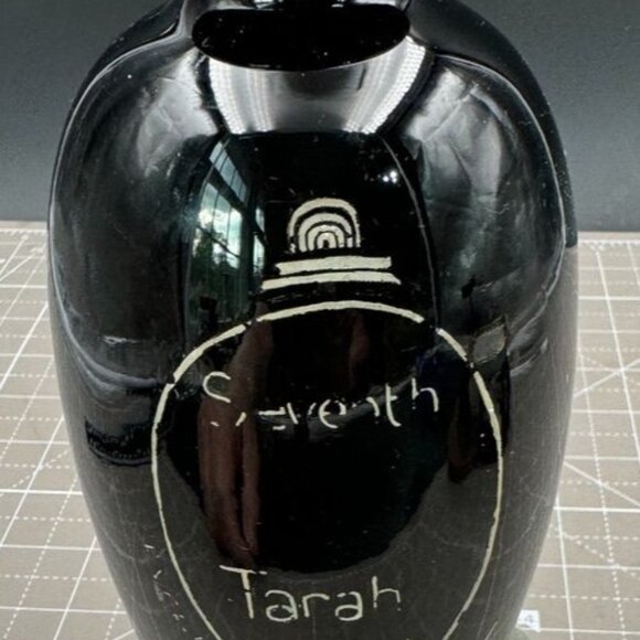 Arts & Crafts Black Amethyst Glass Vase Hand Written Design Phone Wings - Picture 2 of 6